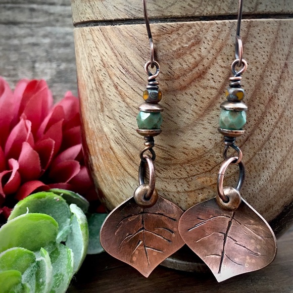Copper leaf Czech glass bead dangle earrings - Picture 6 of 6